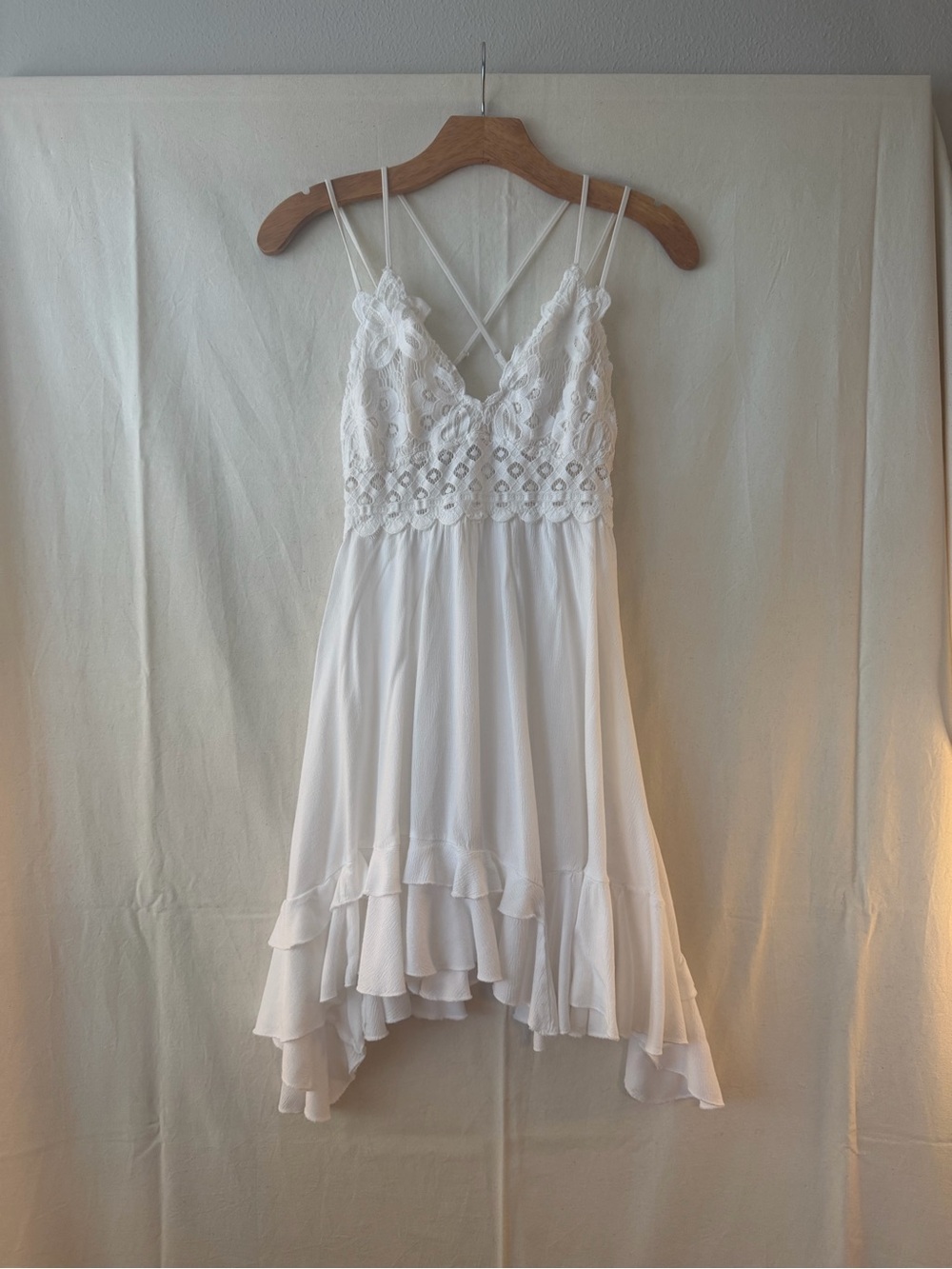 White Lace-Trim Mini Dress with Crisscross Straps